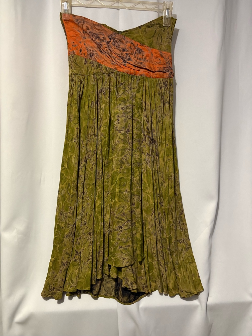 Strapless Olive Green High-Low Dress with Orange Sash